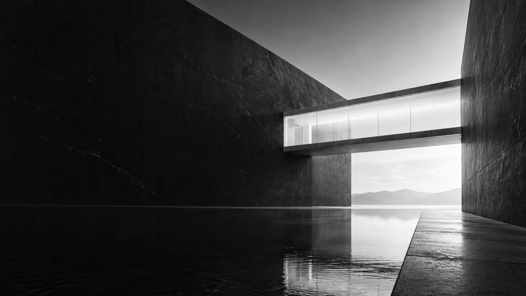 Luminous bridge connecting monumental black stone architecture